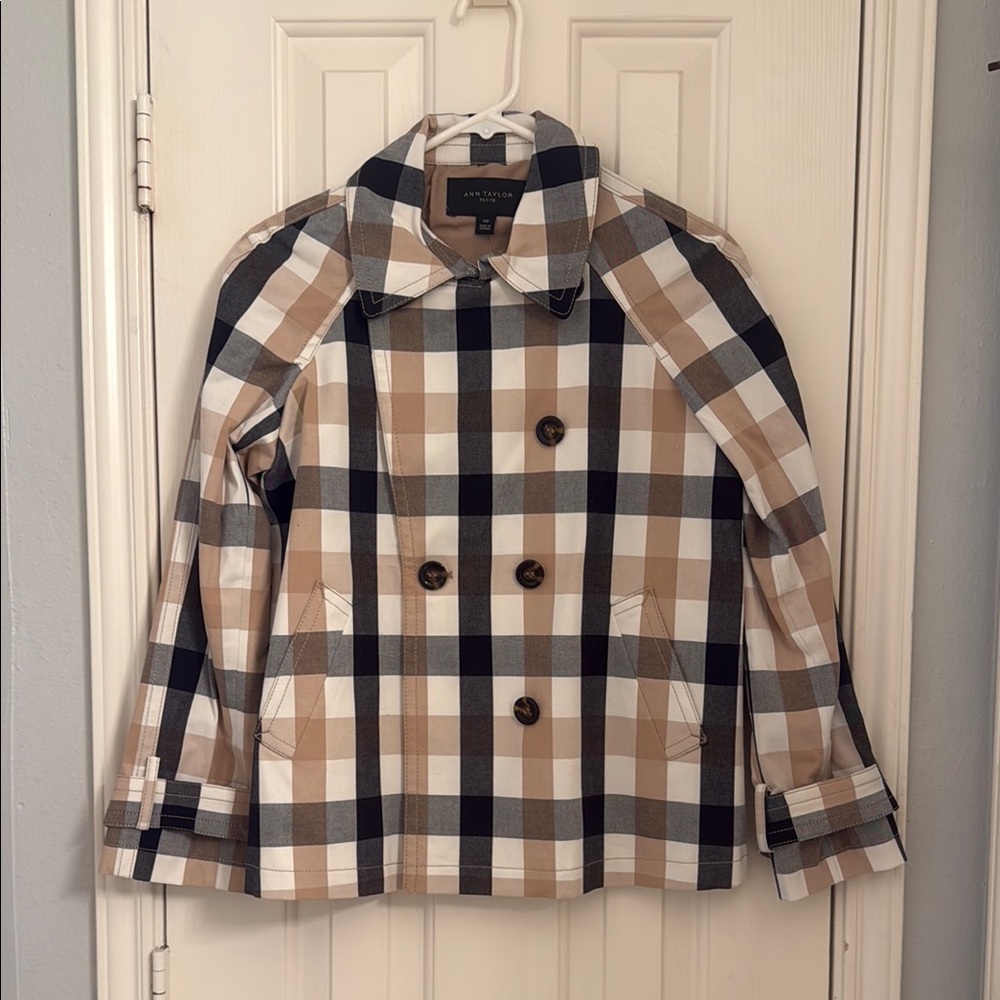Ann Taylor Plaid Double-Breasted Jacket - Beige, Black & White
